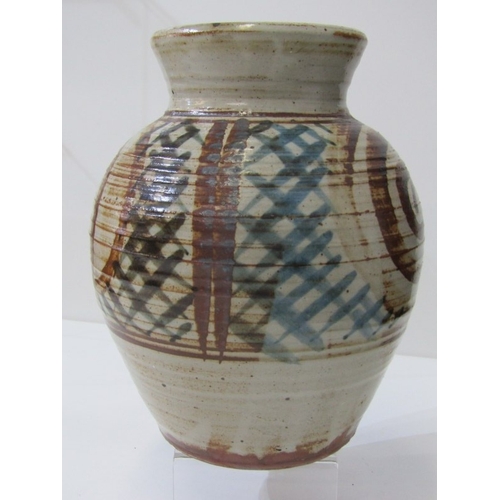 6 - WENFORD BRIDGE STUDIO POTTERY VASE, an earthenware vase with incised sgraffito crosses and swirl des... 