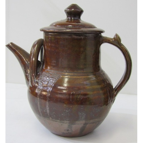 61 - WENFORD BRIDGE POTTERY, a Wenford Bridge studio pottery tea pot, with a brown glaze and variegated c... 