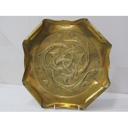 62 - ART BRASS TRAY, a vintage brass tray with curled corners, round central pattern featuring an intrica... 