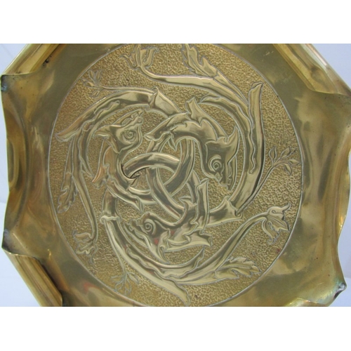 62 - ART BRASS TRAY, a vintage brass tray with curled corners, round central pattern featuring an intrica... 
