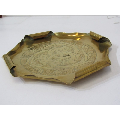 62 - ART BRASS TRAY, a vintage brass tray with curled corners, round central pattern featuring an intrica... 