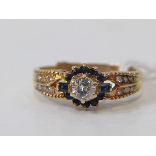 43 - DIAMOND & SAPPHIRE CLUSTER RING, an 18ct yellow gold ring set a central diamond of approx 0.75 ct su... 