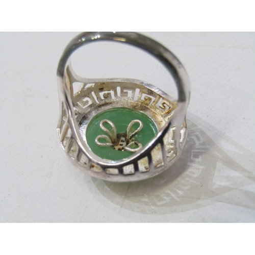 48 - SILVER STONE SET RINGS, 4 assorted silver stone set rings, 1 of oriental design set with jade, anoth... 