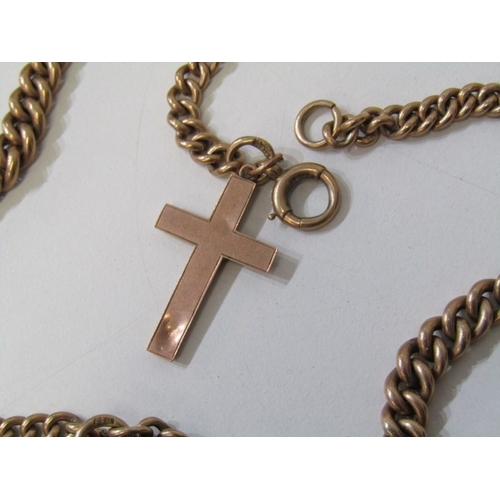 1 - GOLD DOUBLE ALBERT, 9ct yellow gold curb link double Albert chain, mounted 9ct yellow gold cross, to... 
