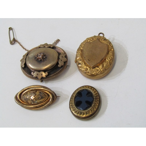12 - VICTORIAN BROOCHES, 2 Victorian pinchbeck mourning brooches, 1 inset a diamond to centre, together w... 