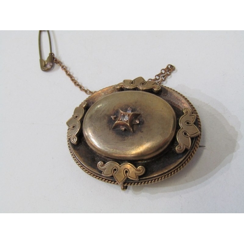 12 - VICTORIAN BROOCHES, 2 Victorian pinchbeck mourning brooches, 1 inset a diamond to centre, together w... 