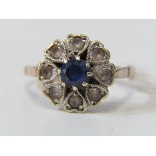 13 - SAPPHIRE CLUSTER RING, 9ct yellow gold ring, set a central circular sapphire, within a white stone c... 