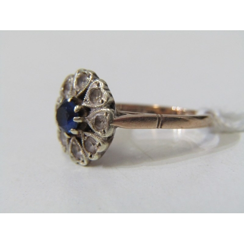 13 - SAPPHIRE CLUSTER RING, 9ct yellow gold ring, set a central circular sapphire, within a white stone c... 