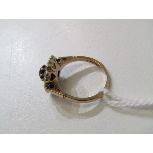 13 - SAPPHIRE CLUSTER RING, 9ct yellow gold ring, set a central circular sapphire, within a white stone c... 