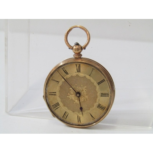 15 - GOLD CASED POCKET WATCH, yellow gold pocket watch, foliate decorated case stamped 18k, with Roman nu... 