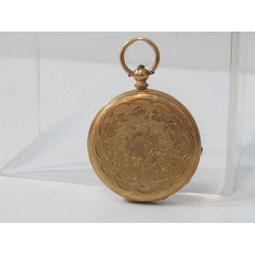 15 - GOLD CASED POCKET WATCH, yellow gold pocket watch, foliate decorated case stamped 18k, with Roman nu... 