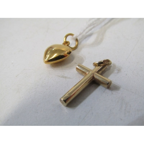 160 - GOLD JEWELLERY, small gold heart shaped pendant, tests 18ct gold, together with a 9ct gold cross, pe... 