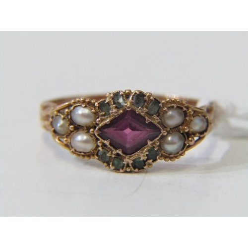 2 - GARNET & PEARL RING, vintage 15ct yellow gold ring set a central garnet, flanked with 3 pearls to ei... 