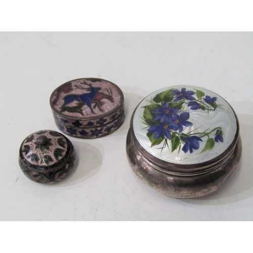 24 - SILVER & ENAMEL TRINKET BOXES, 3 assorted silver lidded pill and trinket boxes, 2 with enamelled dec... 