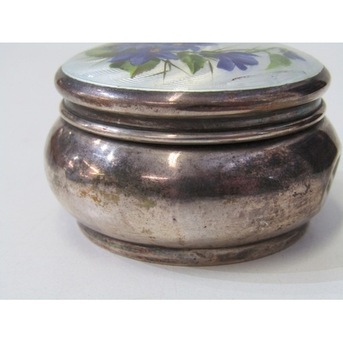24 - SILVER & ENAMEL TRINKET BOXES, 3 assorted silver lidded pill and trinket boxes, 2 with enamelled dec... 