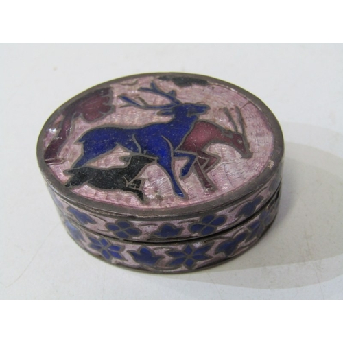 24 - SILVER & ENAMEL TRINKET BOXES, 3 assorted silver lidded pill and trinket boxes, 2 with enamelled dec... 