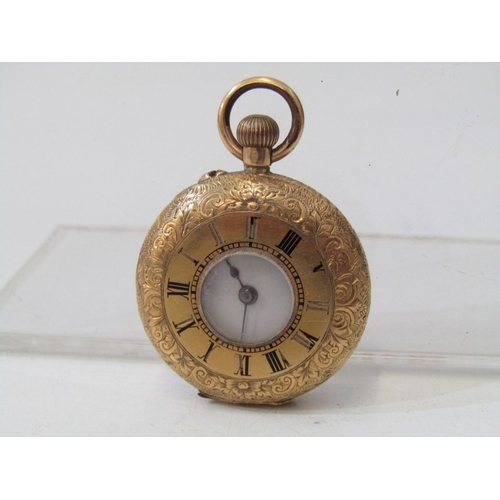 25 - GOLD HALF HUNTER FOB WATCH, 18ct yellow gold foliate engraved fob watch with white enamel dial, 23.4... 
