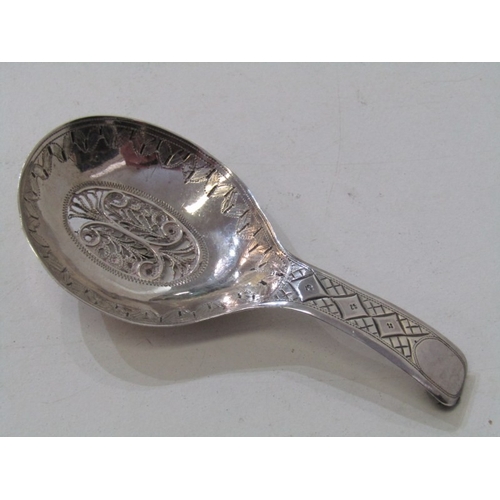 26 - SILVER CADDY SPOON, HM silver caddy spoon with engraved finial and pierced foliate bowl, maker SP, B... 