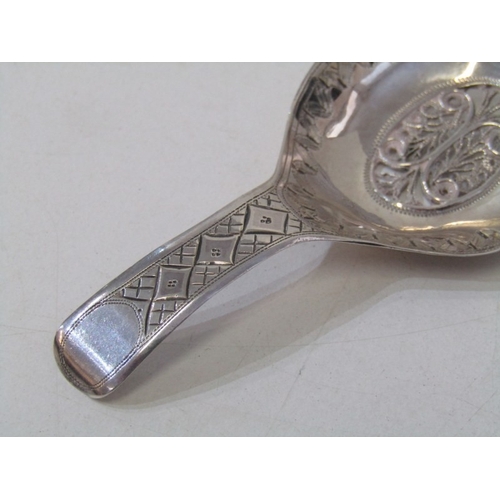 26 - SILVER CADDY SPOON, HM silver caddy spoon with engraved finial and pierced foliate bowl, maker SP, B... 