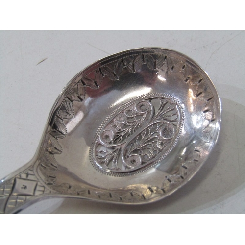 26 - SILVER CADDY SPOON, HM silver caddy spoon with engraved finial and pierced foliate bowl, maker SP, B... 