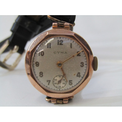 27 - VINTAGE GOLD WRIST WATCH, Cyma gold cased wrist watch with secondary dial on leather strap, watch 15... 