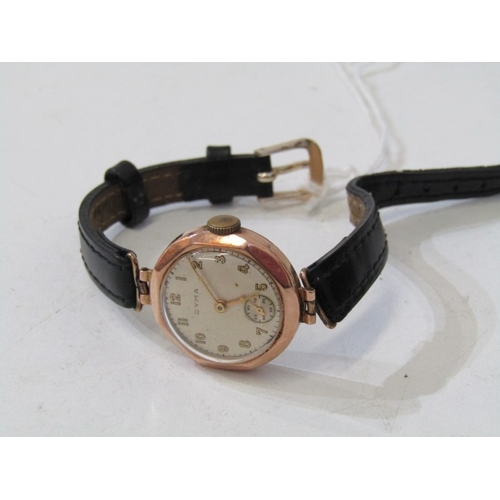 27 - VINTAGE GOLD WRIST WATCH, Cyma gold cased wrist watch with secondary dial on leather strap, watch 15... 