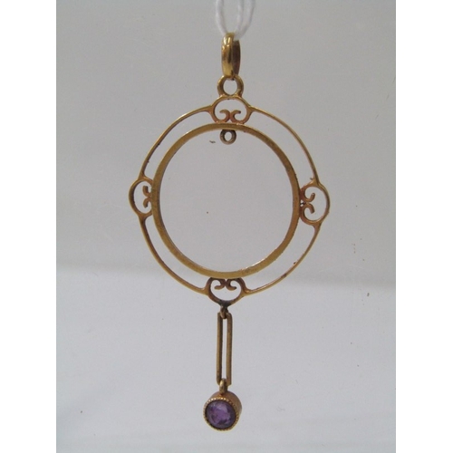 29 - ART NOUVEAU STYLE PENDANT, yellow gold pendant, tests as 18ct, circular form, with garnet set drop, ... 