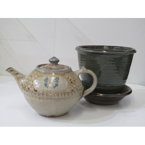 320 - WENFORD BRIDGE POTTERY, Wenford Bridge pottery jardiniere and stand, with pale blue/green glaze, pot... 