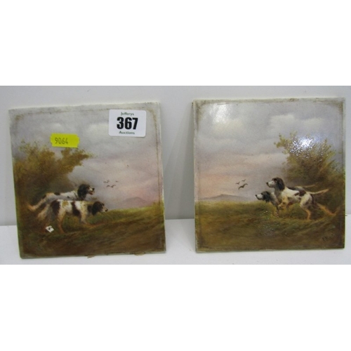 367 - CROWN DEVON TILES, 2 Crown Devon tiles, c.1900 both with hand painted scenes depicting sporting dogs... 