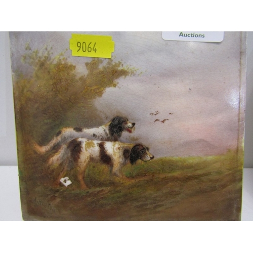 367 - CROWN DEVON TILES, 2 Crown Devon tiles, c.1900 both with hand painted scenes depicting sporting dogs... 