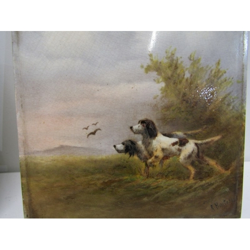 367 - CROWN DEVON TILES, 2 Crown Devon tiles, c.1900 both with hand painted scenes depicting sporting dogs... 