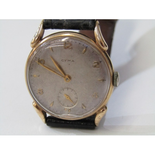 37 - GENTS VINTAGE GOLD CASED WRIST WATCH, Cyma gold cased wrist watch with secondary dial on leather str... 