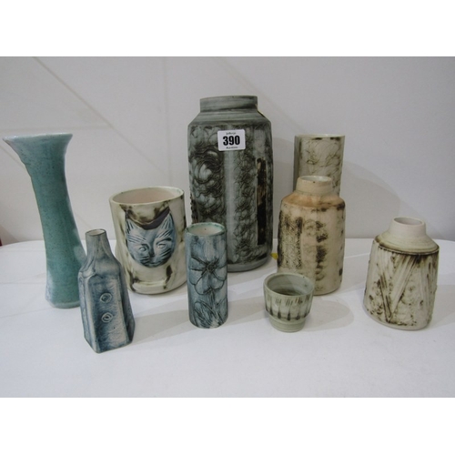 390 - CARN POTTERY, a collection of Carn pottery including vases, a cat faced pot, an egg cup and other po... 