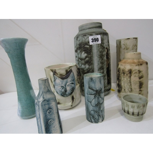 390 - CARN POTTERY, a collection of Carn pottery including vases, a cat faced pot, an egg cup and other po... 