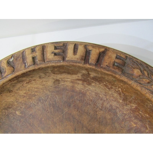 416 - GERMAN BREAD BOWL, a vintage wooden German bread bowl with inscription and wheat sheaf decoration, 3... 