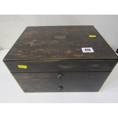 419 - VICTORIAN COROMANDEL BOX, a good 19th Century coromandel vanity/dressing table box, lifting lid reve... 