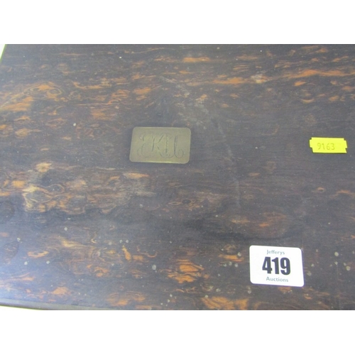 419 - VICTORIAN COROMANDEL BOX, a good 19th Century coromandel vanity/dressing table box, lifting lid reve... 