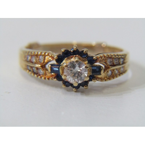 43 - DIAMOND & SAPPHIRE CLUSTER RING, an 18ct yellow gold ring set a central diamond of approx 0.75 ct su... 