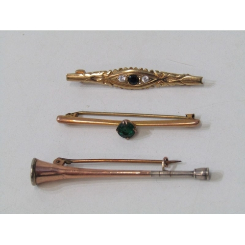 44 - GOLD BAR BROOCHES, 3 vintage 9ct gold brooches, 1 set sapphire, other diamond, 3rd gold and silver b... 