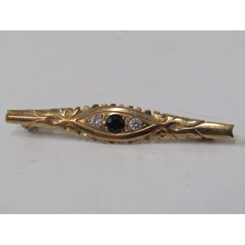 44 - GOLD BAR BROOCHES, 3 vintage 9ct gold brooches, 1 set sapphire, other diamond, 3rd gold and silver b... 