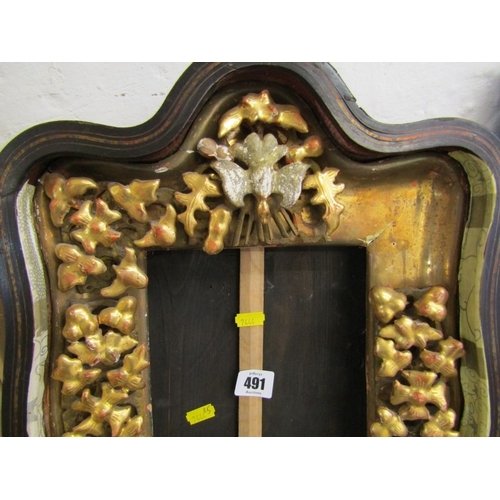 491 - ANTIQUE FRAME, an ornate gilt wood frame of Rococo design with floral borders and top bird motif (da... 