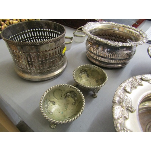 492 - SILVER PLATED COASTERS, a pair of vintage silverplated coasters, each with grape and leaf decoration... 