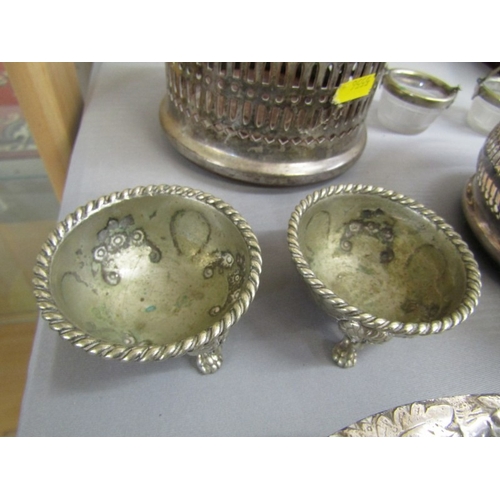 492 - SILVER PLATED COASTERS, a pair of vintage silverplated coasters, each with grape and leaf decoration... 