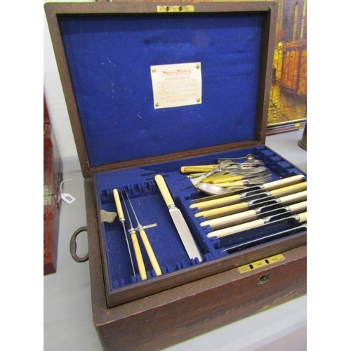 494 - CANTEEN OF CUTLERY, an oak canteen cutlery box with 2 carry handles by Wales & McCulloch with blue l... 