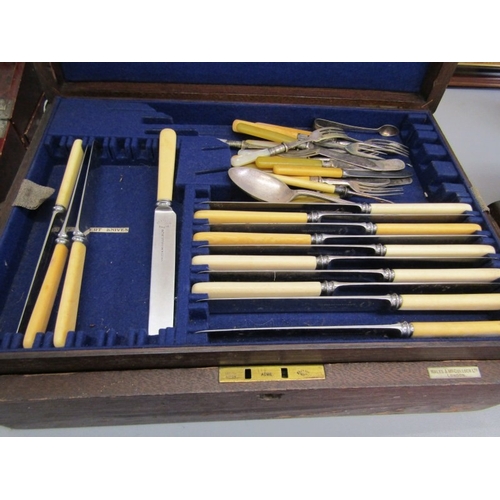 494 - CANTEEN OF CUTLERY, an oak canteen cutlery box with 2 carry handles by Wales & McCulloch with blue l... 