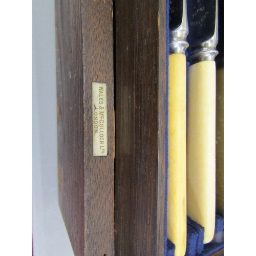 494 - CANTEEN OF CUTLERY, an oak canteen cutlery box with 2 carry handles by Wales & McCulloch with blue l... 