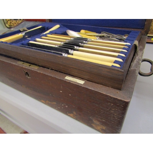 494 - CANTEEN OF CUTLERY, an oak canteen cutlery box with 2 carry handles by Wales & McCulloch with blue l... 