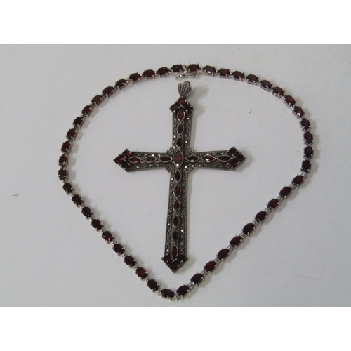 5 - SILVER STONE SET JEWELLERY, large silver 12cm cross, set red stones, together with 16