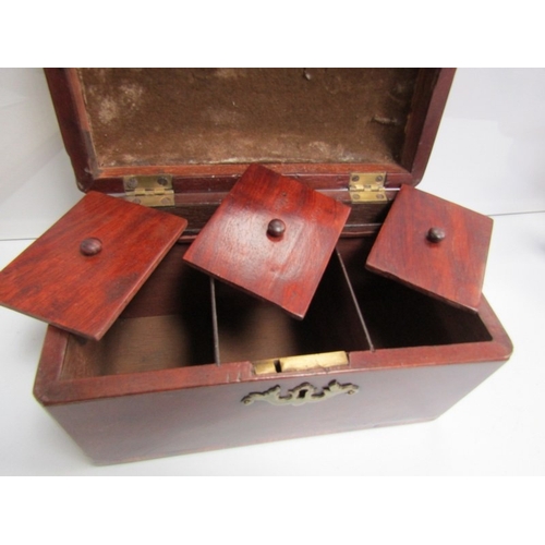 513 - ANTIQUE TEA CADDY, a Georgian mahogany 3 section tea caddy in the Chippendale style with brass carry... 