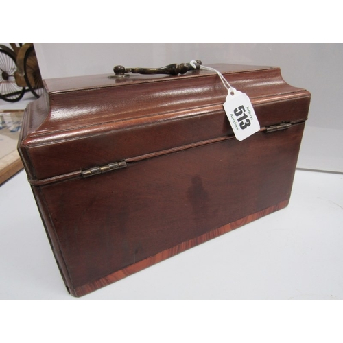 513 - ANTIQUE TEA CADDY, a Georgian mahogany 3 section tea caddy in the Chippendale style with brass carry... 